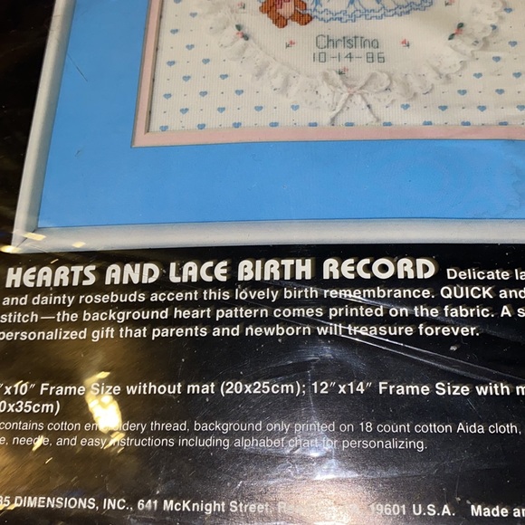 Vintage new but open DIMENSION Counted cross stitch hearts and lace birth record - Picture 4 of 9